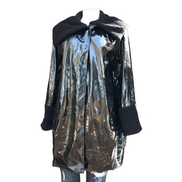 Vintage Anne Klein Black Vegan Leather Overcoat Single Button Jacket Size S - Picture 1 of 8